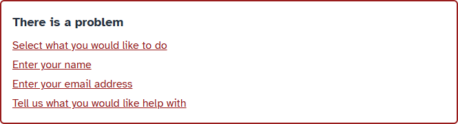 Error summary headed There is a problem, with links for enquiry type, name, email and message.