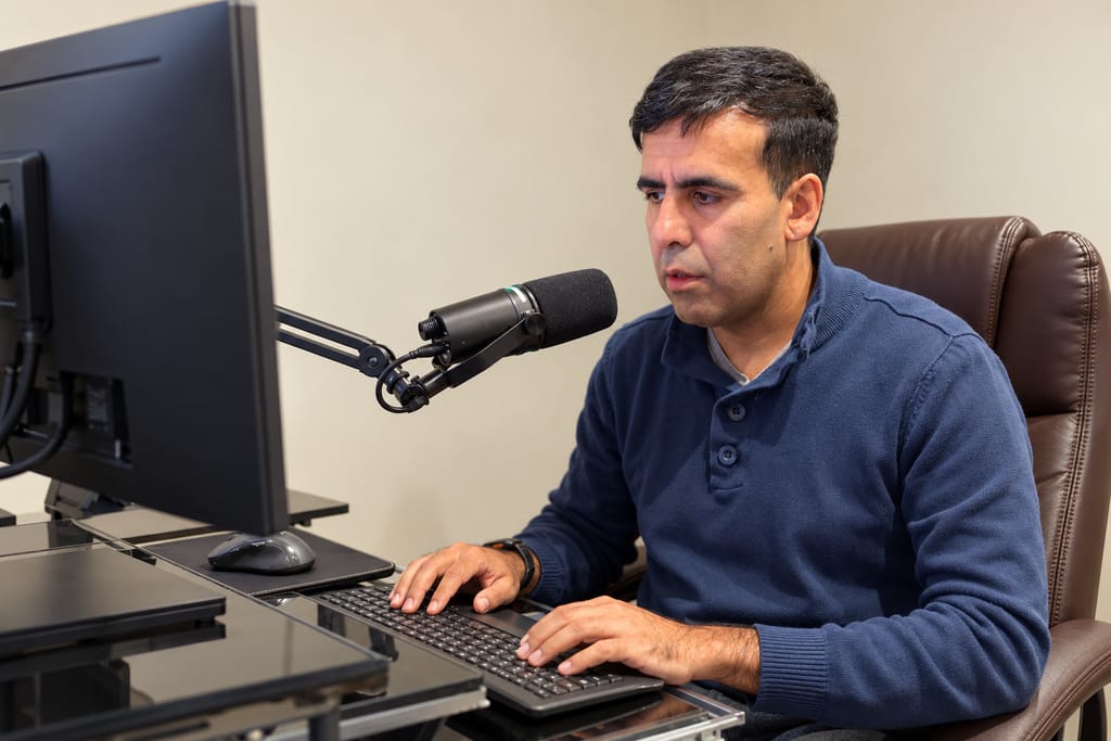 Aj Ahmed working at a desktop computer with a keyboard and microphone.